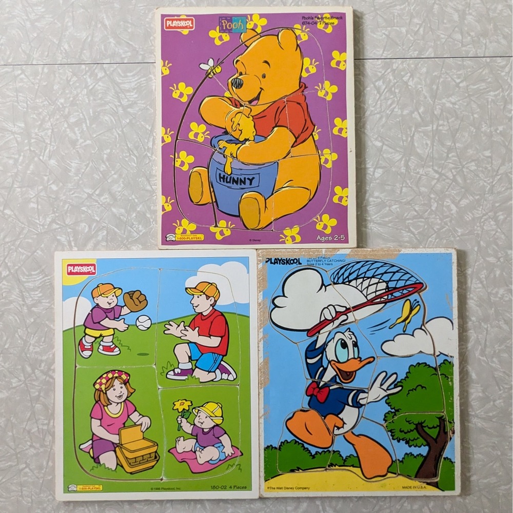 Vintage Playskool Wooden Puzzles Lot Winnie the Pooh Donald Duck Family Picnic